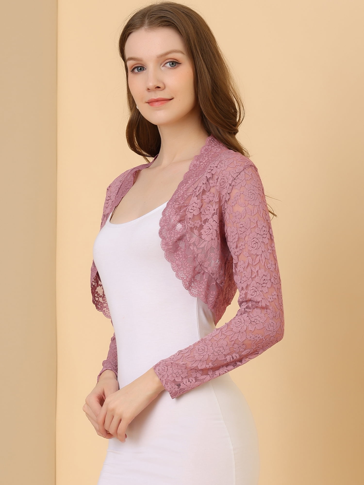 DARING DIVA Women's Lace Bolero Shrugs Sheer Crop Cardigan XS Grey Pink
