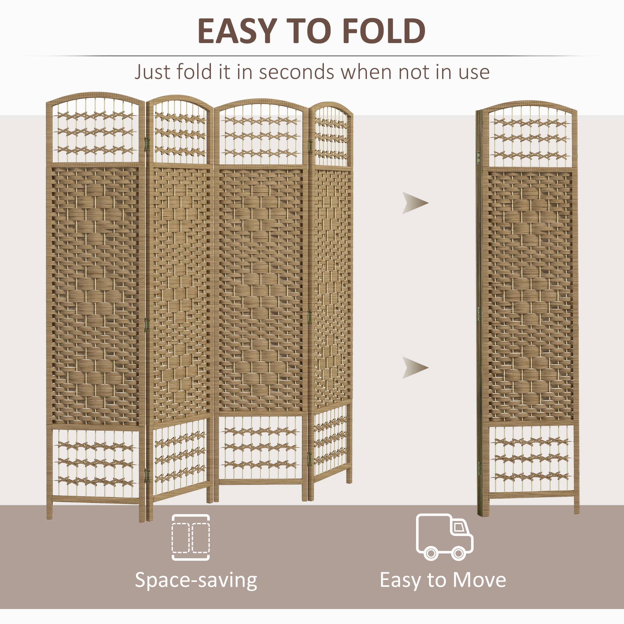 Room Divider 4 Panel Folding Privacy Screen 67" Tall, Wave Fiber Woven Partition with Arched Top for Home Office Bedroom, Natural Wood Tone