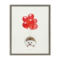 DesignOvation Sylvie Hedgehog Balloons Framed Canvas Wall Art By Amy Peterson, 18x24 Gray, Whimsical Home Decor