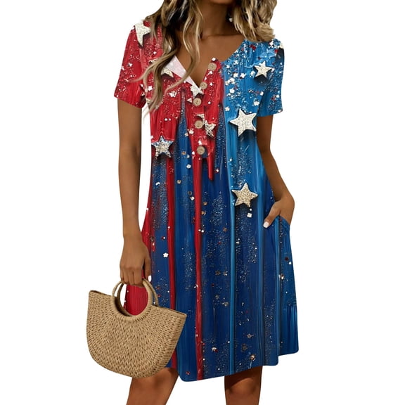 Women's 4th of July 250th Anniversary Patriotic Dress Short Sleeve Button Neck Printed Pattern Relaxed Fit Summer Holiday Style Casual Independence Day USA Flag Daily Wear Blue L