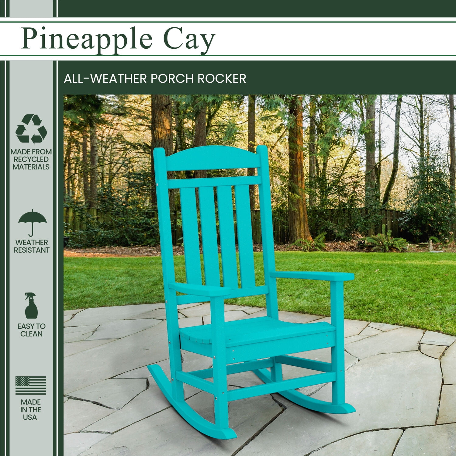 Hanover Pineapple Cay All-Weather Outdoor Patio Porch Rocker, Eco-Friendly, Recycled Material, - HVR100AR