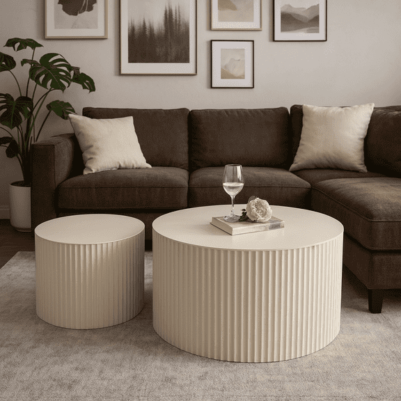 Beige Nesting Coffee Table Set of 2 Modern Drum Side Table End Table Wave Stripe Round Coffee Table for Living Room