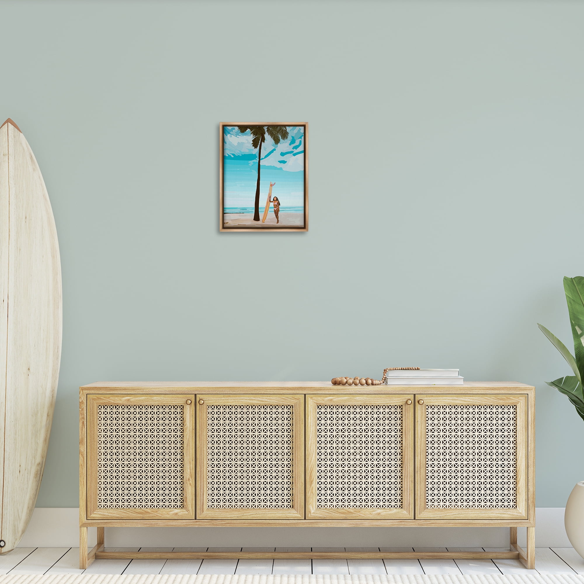 Stupell Industries Tropical Beach Day Girl Nautical & Beach Painting Brown Floater Framed Canvas Art Print Wall Art, 17 x 21
