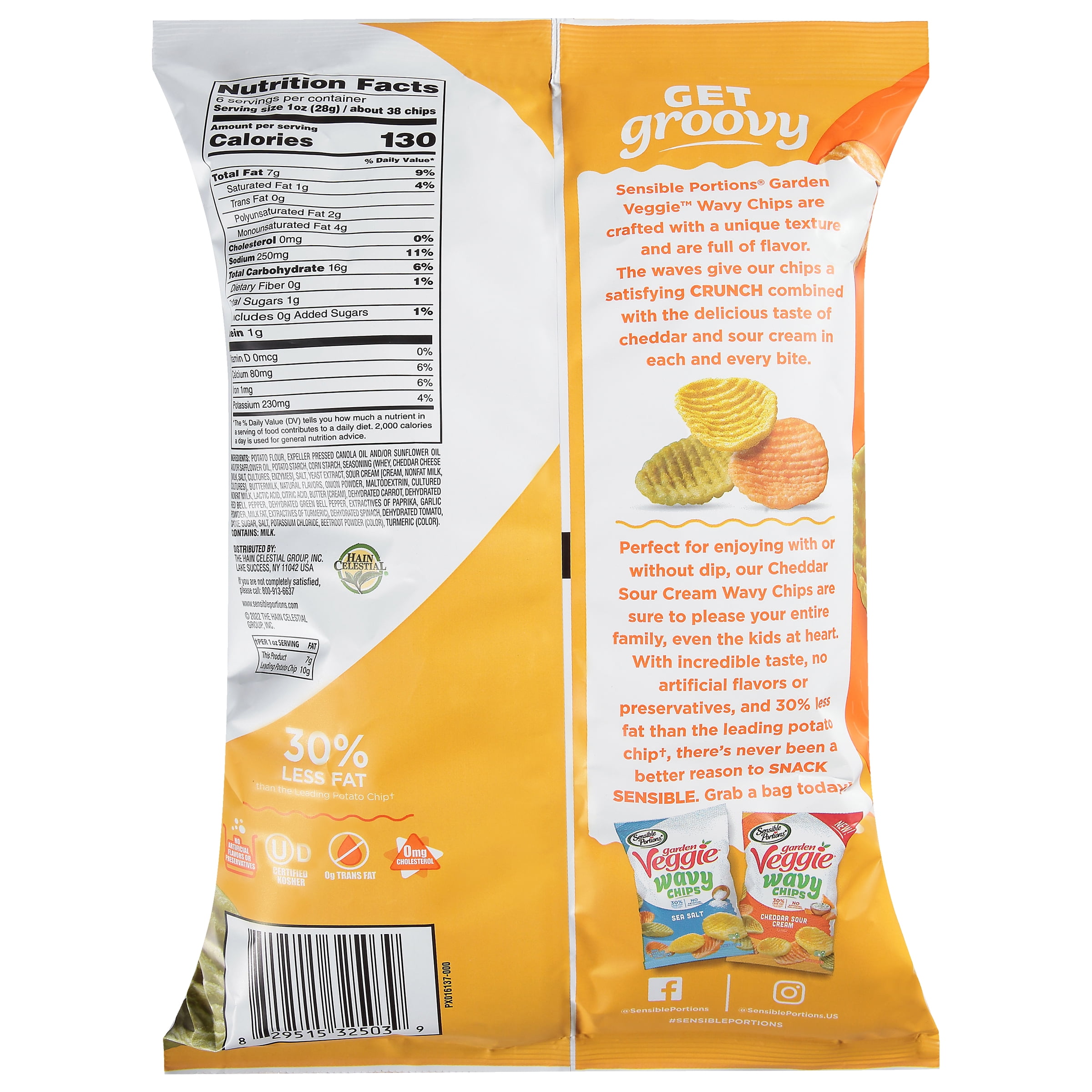 (3 pack) Sensible Portions Garden Veggie Wavy Chips, Cheddar Sour Cream, 6 oz