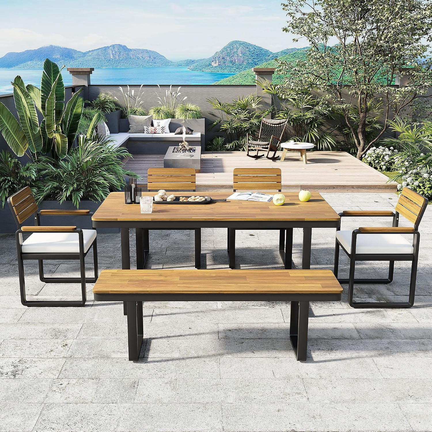 6-Piece Outdoor Patio Dining Set, Acacia Wood Table with 4 Chairs & Bench, Beige Cushions Seats 6-7 for Backyard Garden