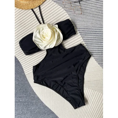 Sexy Flower Halter Balck Swimwears Women One Piece Cut Out Swimsuit High Cut Bathing Suit Monokini Swimming Suit Beach Swim Wear