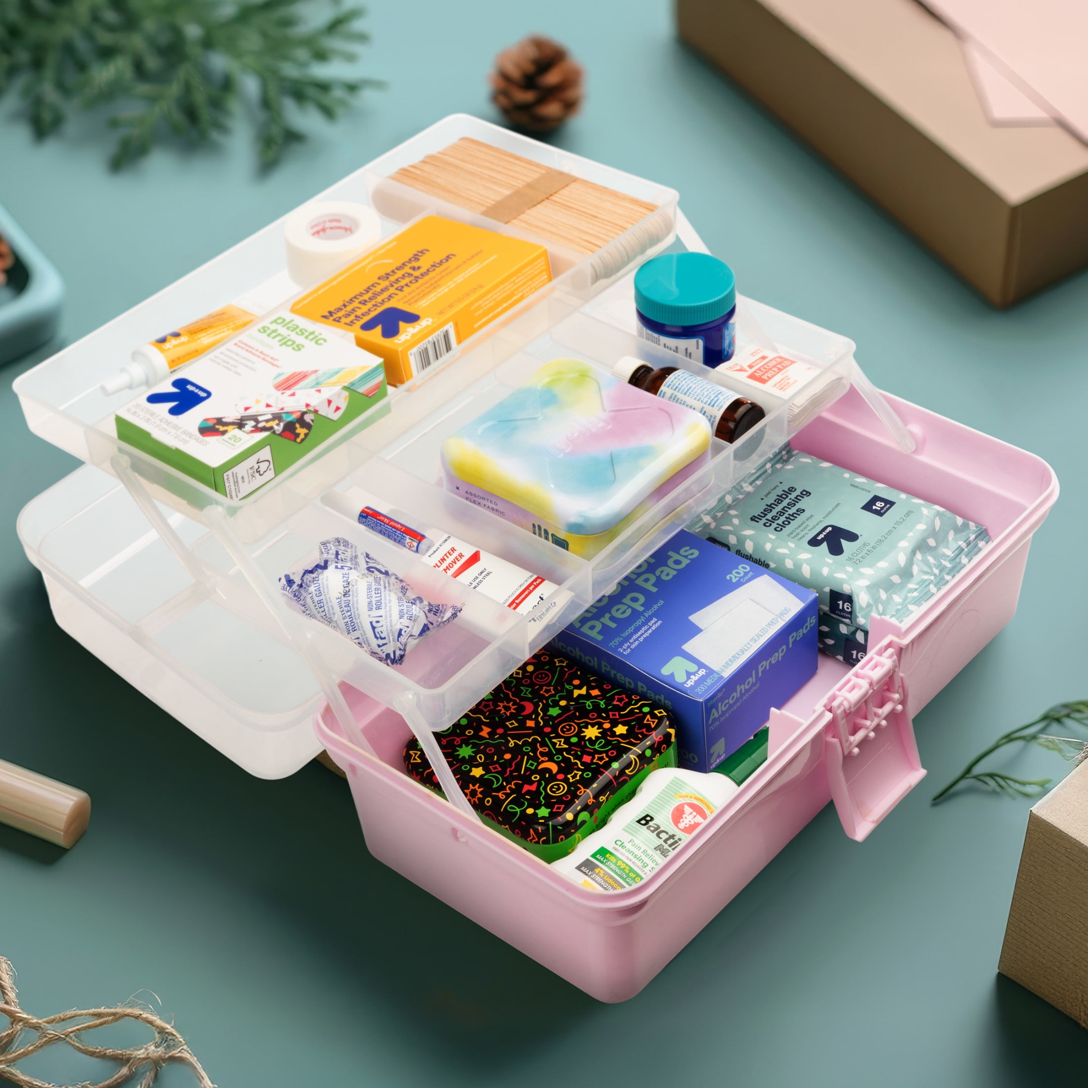 Stalwart 14” Plastic Tackle Box Organizer - 3-Layer Portable Craft Storage Art Caddy, Pink