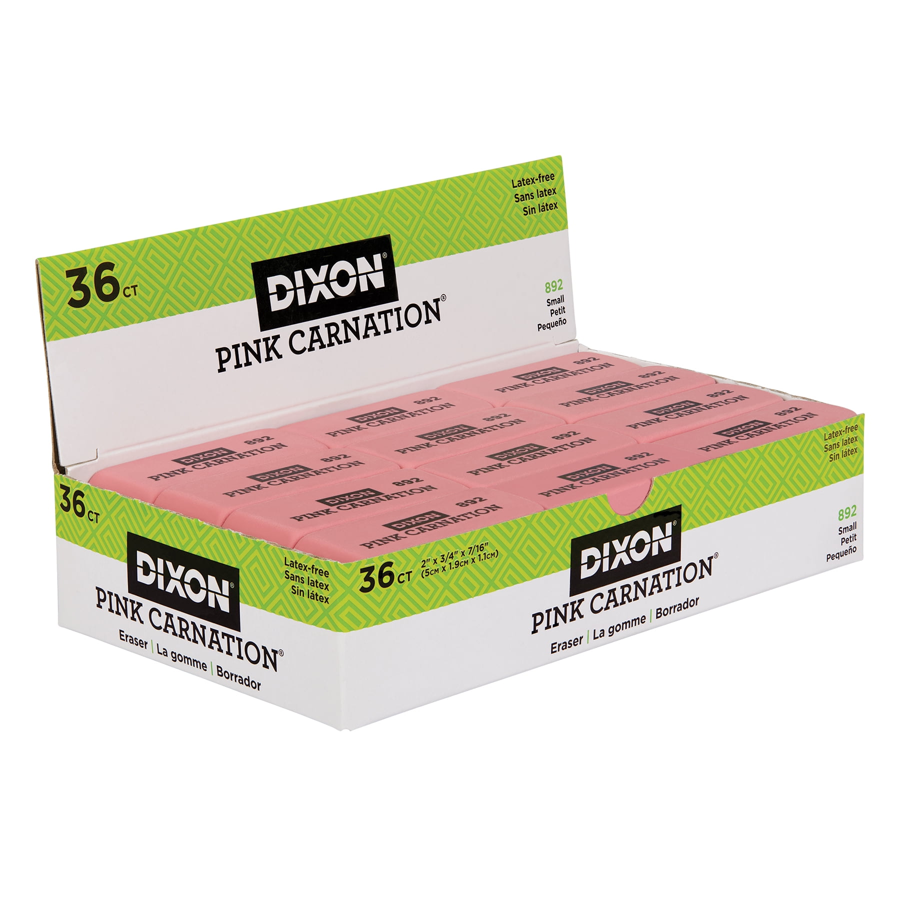 Dixon Pink Carnation Erasers, Small, 2 x 3/4 x 7/16, Pack of 36