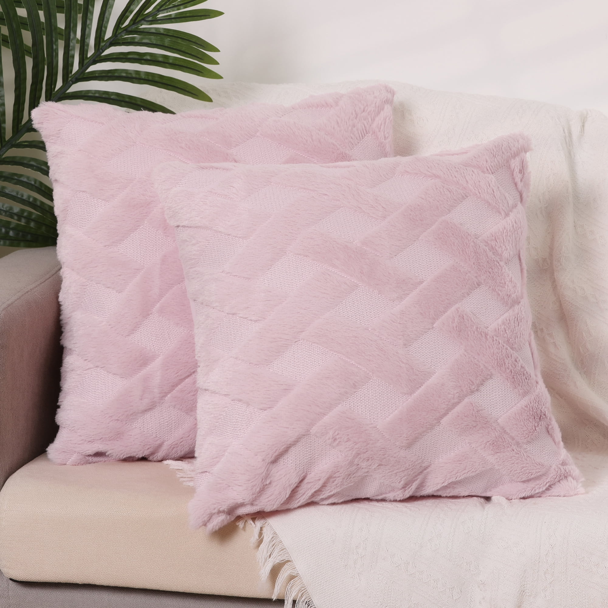 Unique Bargains Soft Plush Throw Pillow Covers Decorative Cushion Covers (2 Count) Bright Pink 18" x 18"