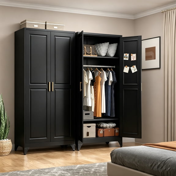 Polup Metal 71“ H Armoire Wardrobe Closet, Adult Black Wardrobes with Hanging Rod