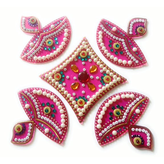 FineArt Handcrafted Decorative Diwali Rangoli Set Multicolor Jewel Stone/Kundan Decorations on Pink Acrylic Base 5 Piece Set - for Home Dcor