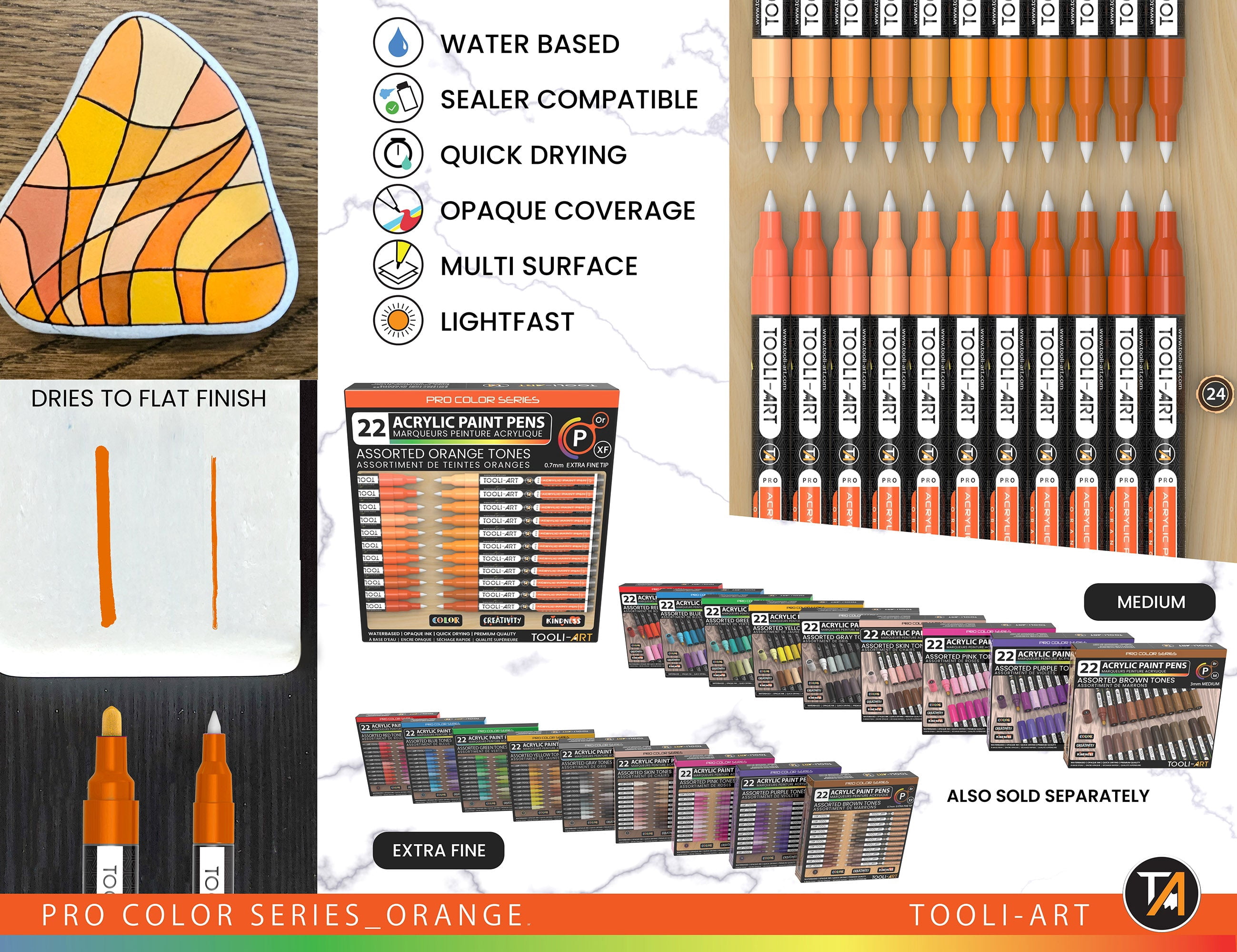 Acrylic Paint Pens 22 Assorted Orange Tones Pro Markers Set 0.7mm Extra Fine
