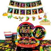 Mexican Themed Fiesta Party Supplies,161pcs Mexican Party Paper Tableware Set Includes Mexican Fiesta Plates Tablecloth and Banner etc Fiesta Party Decorations Tableware, for 20 Guests