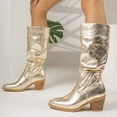 thumbnail image 3 of Glitter Slouchy Leather Knee High Boots Women Chunky Stacked Heel Wide Calf Pull on Pointed Toe Tall Booties, 3 of 8