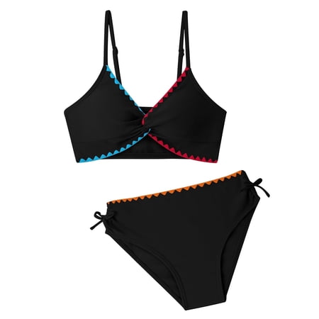 XAOFW Girl s Swimsuit Sets Solid Color Sleeveless V Neck Top And Bottom Tankini Swimsuits 2 Piece Swimwear Holiday Vacation Beach Stylish Versatile Swim Wear