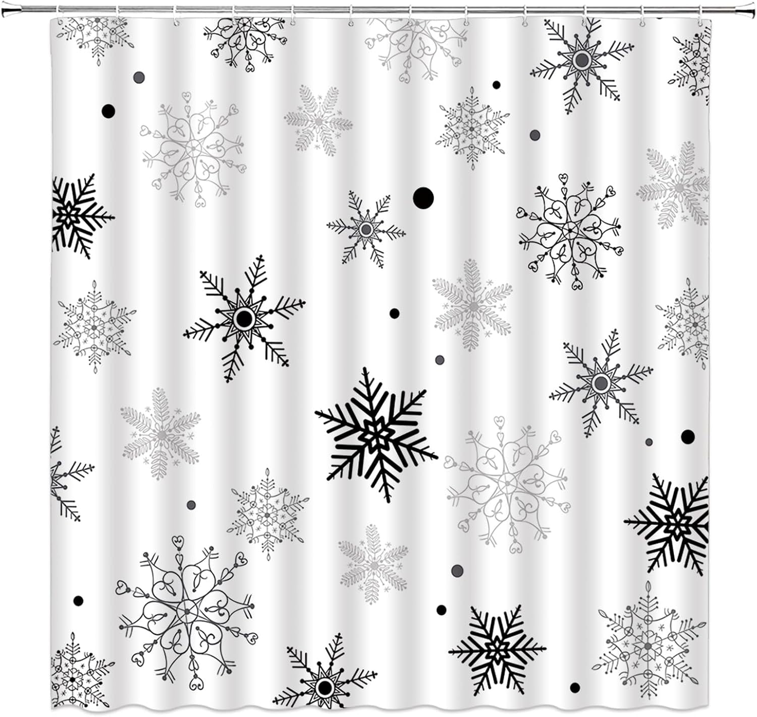 Christmas Snowflake Shower Curtain Winter Snowy Black Gray Merry Christmas Holidy Fabric Bathroom Curtain Set with Hooks(70" WX70 H)