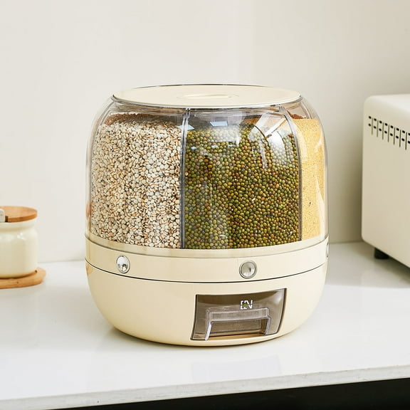 Rotating Rice Dispenser – 6-Compartment Moisture-Proof Grain Storage Container with One-Touch Dispensing for Rice, Beans & Pet Food （20lb）