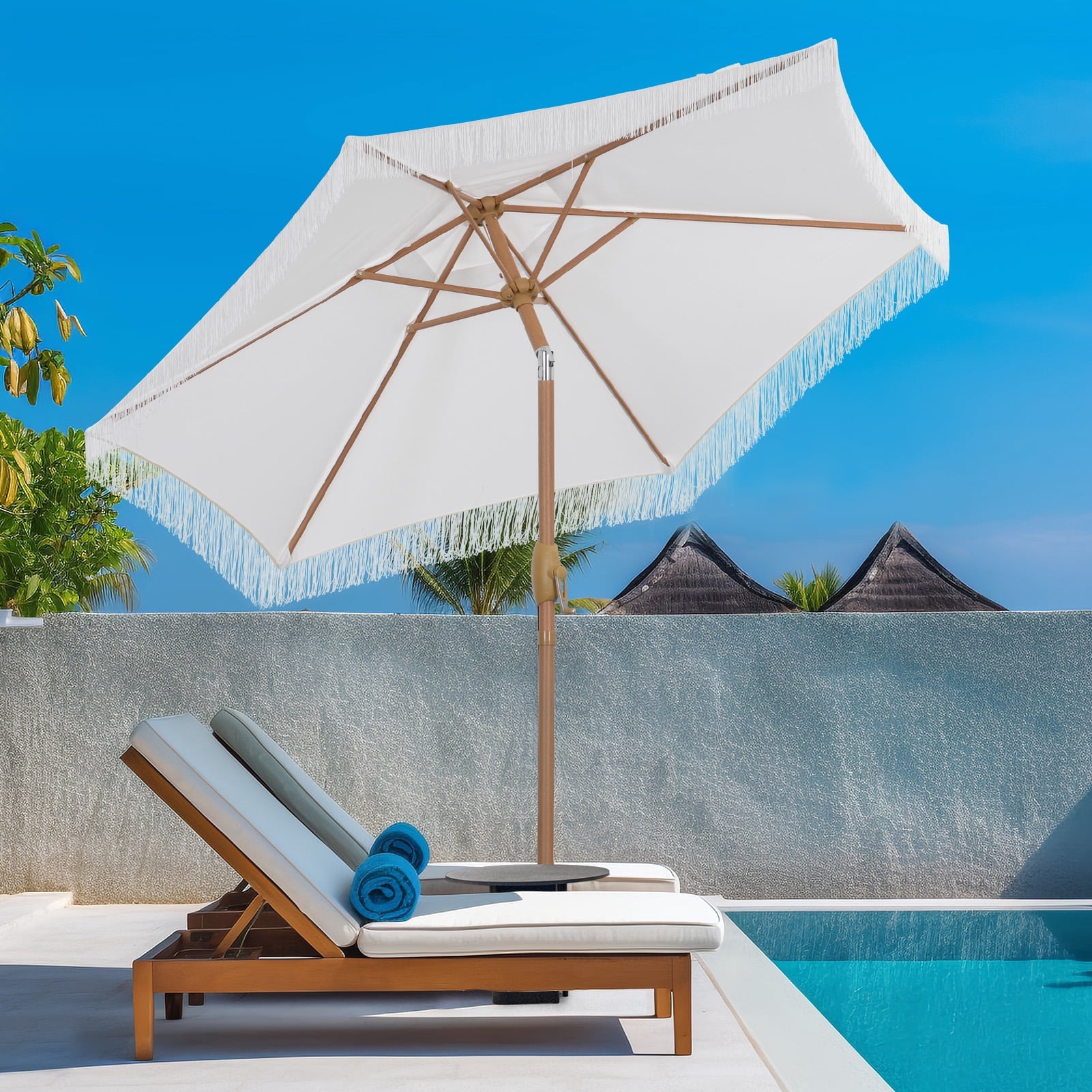 Autlaycil 7.5 ft Fringe Patio Umbrella for Beach, Pool, Adjustable Outdoor Market Umbrellas,Tassel Stylish - White