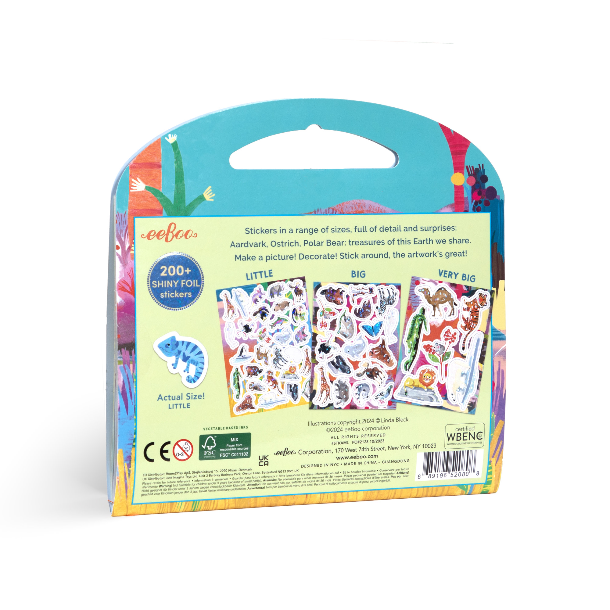 eeBoo: Wonderful Animals Shiny Sticker Book - 200+ Sparkling Stickers in 3 Sizes, Little-Big-Very Big, Carry Handle, Rainbow Foil, Kids Ages 3+