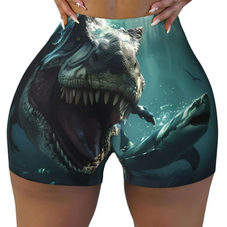 Workout Shorts Women  Underwater Dinosaur Shark Biker Shorts for Women Running Gym Spandex Shorts Tummy Control