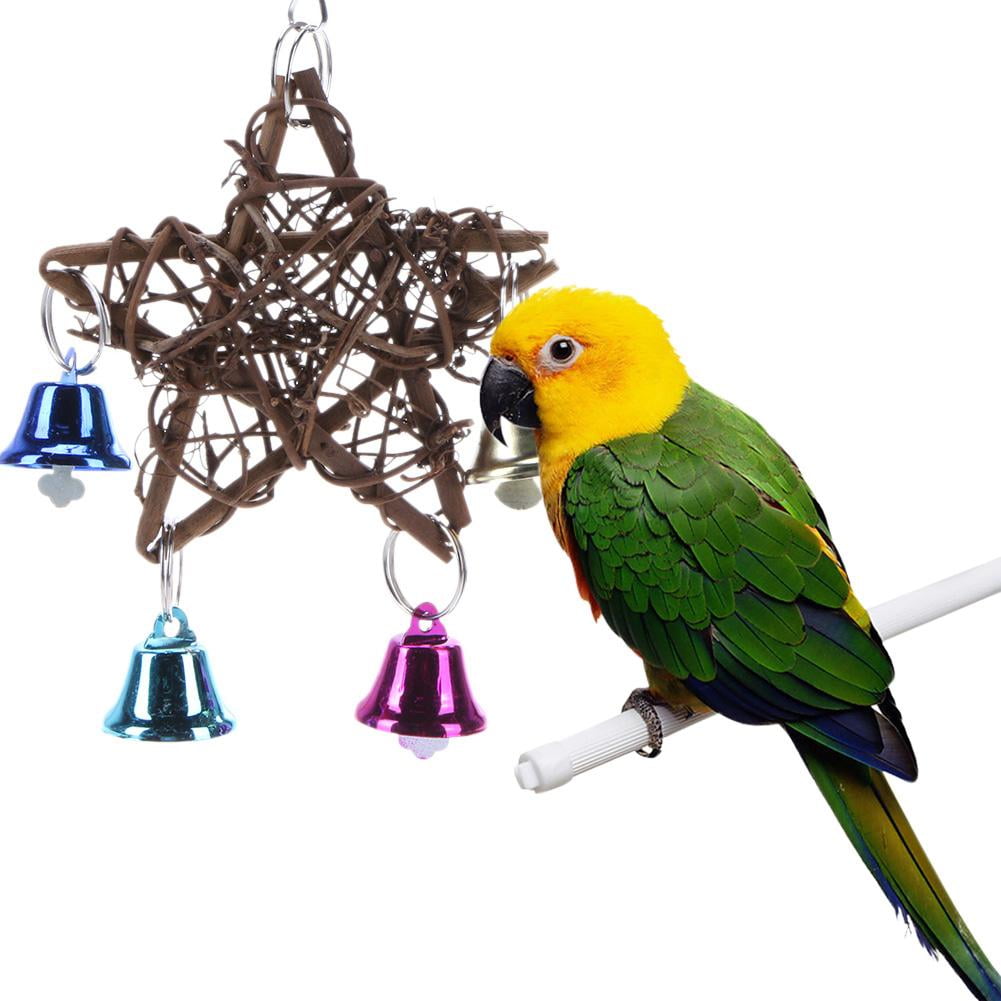 Pet Pentagram Star Rattan Bird Cage Toy Parrot Stand Holder w/ Bells Wind Chime 