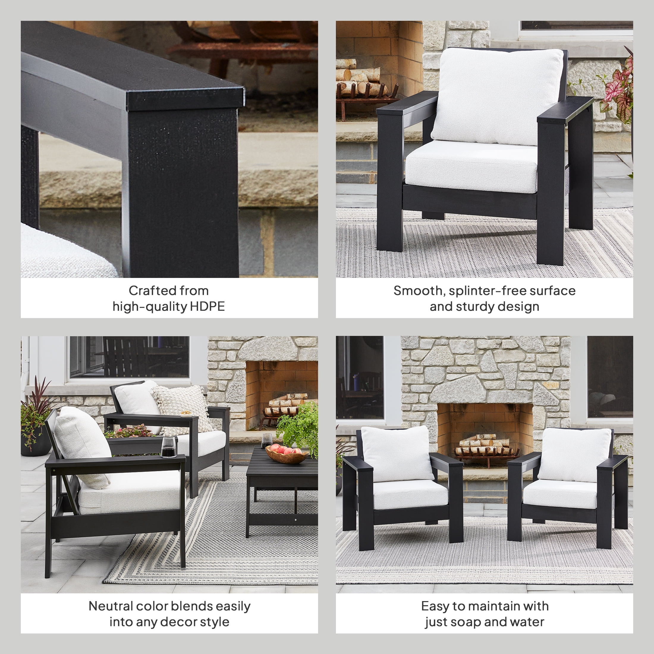 Better Homes & Gardens Ezra Outdoor HDPE Club Chair, Black with Cream Boucle Cushions