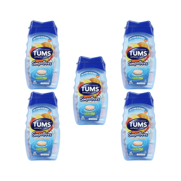 TUMS Smoothies Extra Strength Antacid Chewable Tablet - For Acid Indigestion, Heartburn, Sour Stomach, Upset Stomach - Assorted Fruit - 60 / EachBottle | Bundle of 5 Each