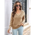 thumbnail image 2 of Women'S Striped Sailor Collar Cuffs V-Neck Regular Fit Knit Sweater Wheat Yellow L, 2 of 6