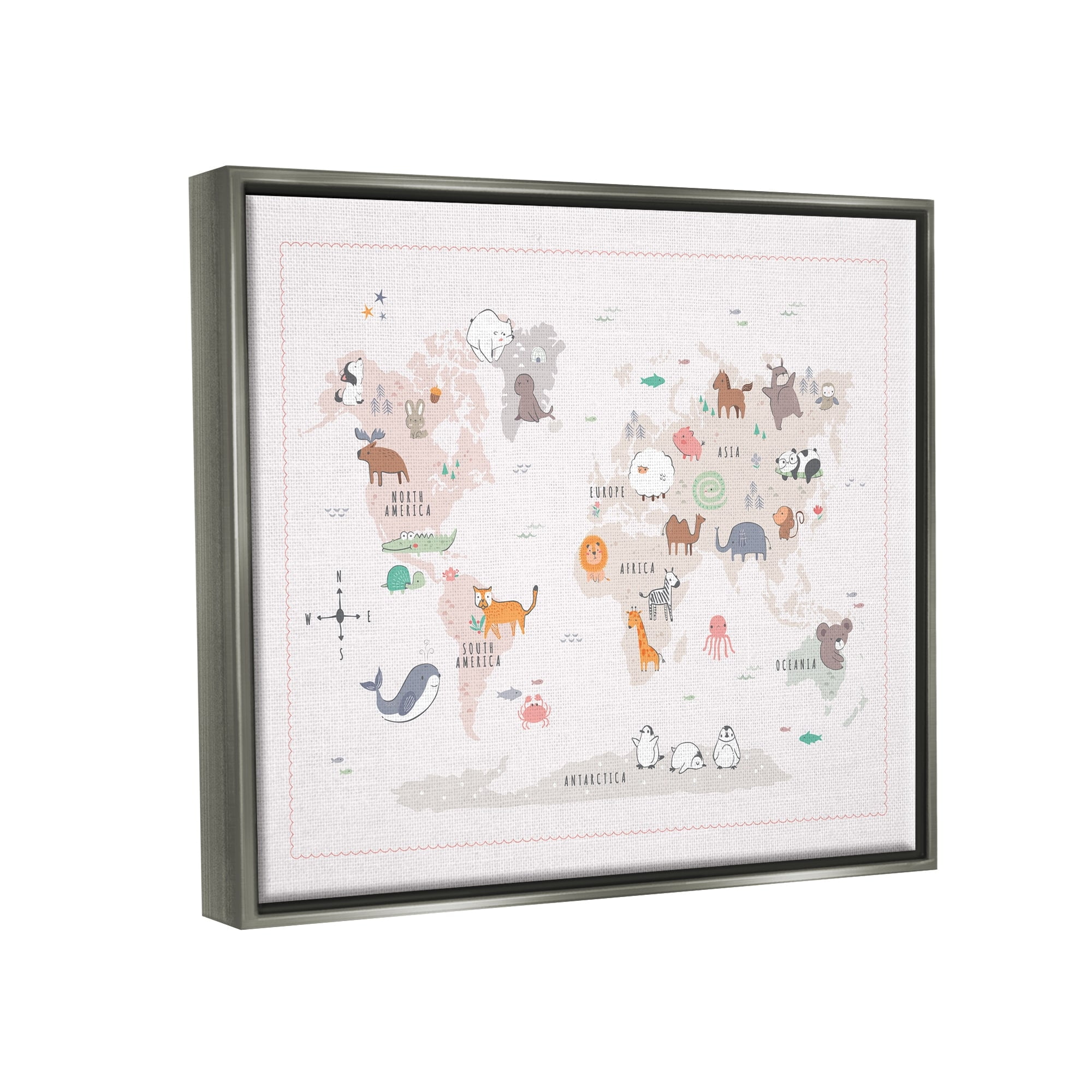 Stupell Industries Native Wildlife Animals Countries World Map Education Graphic Art Luster Gray Floating Framed Canvas Print Wall Art, Design by Andrea Jasid Grassi