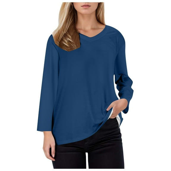Puliio T-Shirts For Women's Trendy V-Neck Three Quarter Sleeve T Shirt Simple Casual Solid Color Slim Blouse Basic Tee Tops