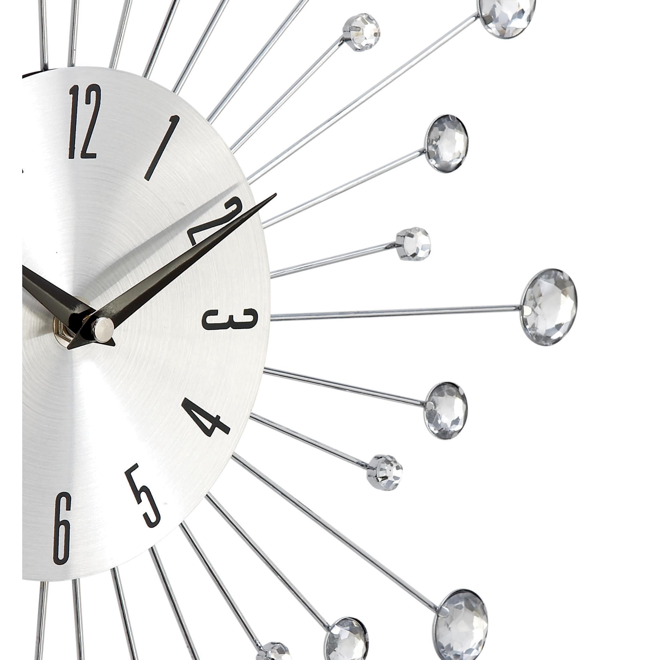 DecMode 15" Silver Metal Starburst Wall Clock with Crystal Accents