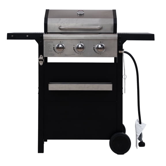 3-Burner Bbq Propane Gas Grill, Stainless Steel, with Lid, Side Shelves & Storage Cabinet, for Camping & Outdoor Cooking