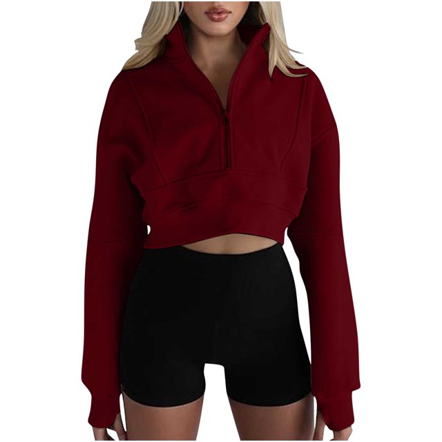 AherBiu Crop Tops pour Femmes en Polaire Demi-Zip Mode Automne 2024 Chandails en Molleton de Course avec Trou pour le Pouce