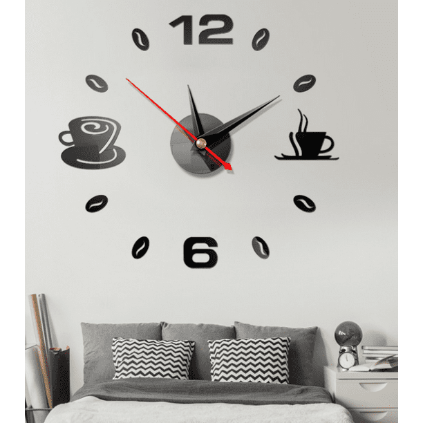 Horloge murale café, autocollant silencieux sans cadre 3D