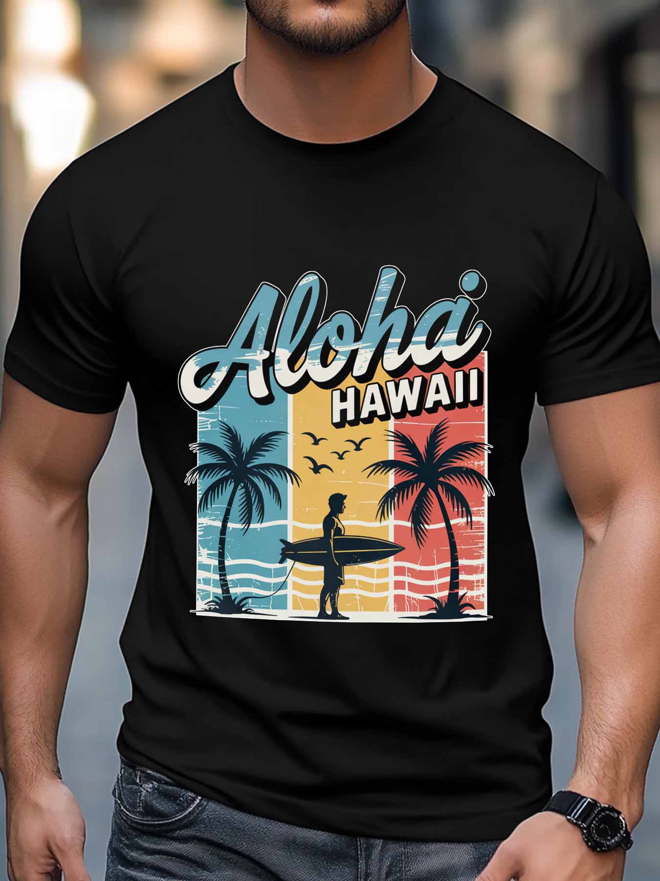 Men's T-Shirt Aloha Hawaii Retro Beach Surfing Vacation Short Sleeve Casual Tee Classic Crew Neck T-Shirt for Men, Black M