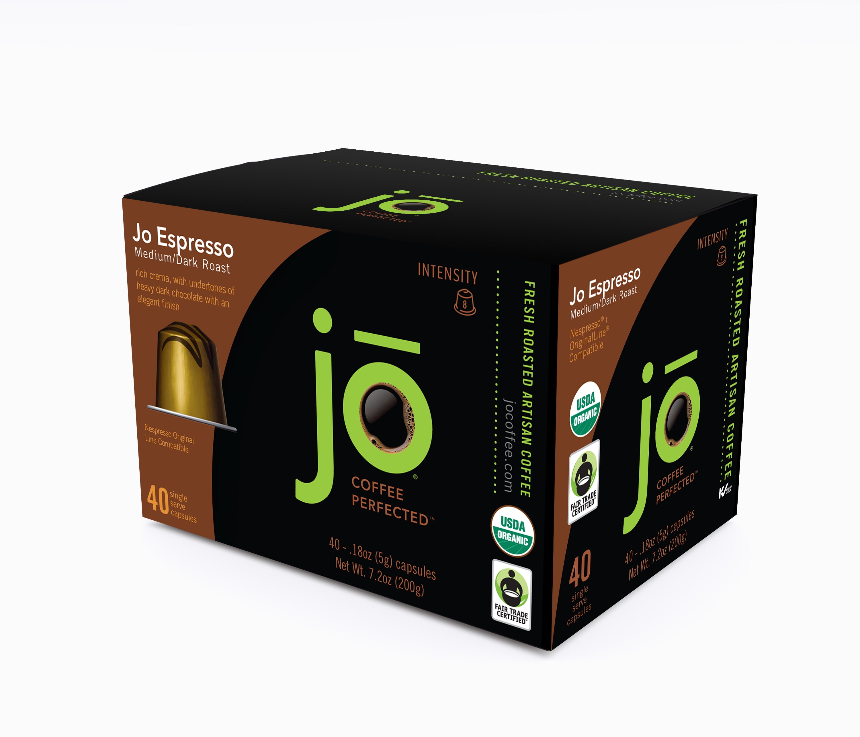 JO ESPRESSO: 40 Organic Nespresso Compatible Pods for Original Line Brewers, Fair Trade Certified, Medium/Dark Italian Roast with Thick Crema, Crafted for Authentic Espresso, Ristretto or Lungo