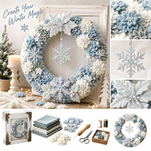 Punch Needle Kit for Beginners with Wooden Tool and Fabric, 1 Set, Blue and White Design, Christmas Home Decoration