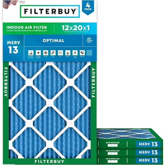 Filterbuy 12x20x1 Air Filter MERV 13 Smoke Defense, Pleated HVAC AC Furnace Filter Replacement, 4-Pack