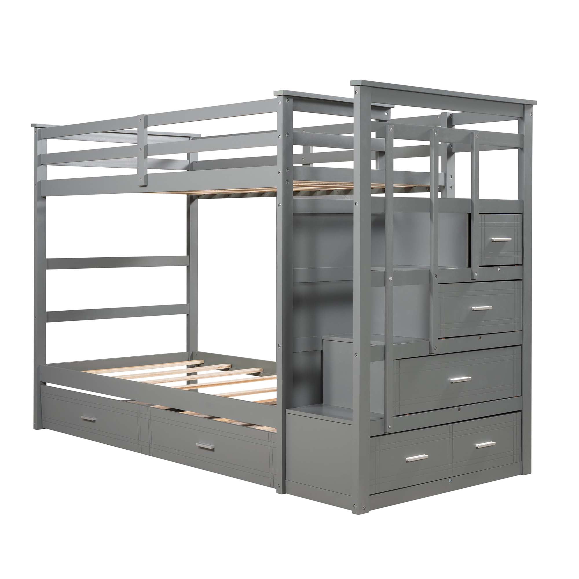 Aukfa Twin over Twin Bunk Bed with Trundle and Staircase, Wood Bunk Bed with 4 Storage Drawers for Kids, Teens - Gray