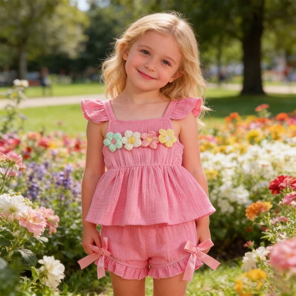 CAIVO Children Summer Toddler Girls Square Collar Fly Sleeve Floral Vest T Shirt Tops Shorts Outfit Sets Boho Clothes Sets