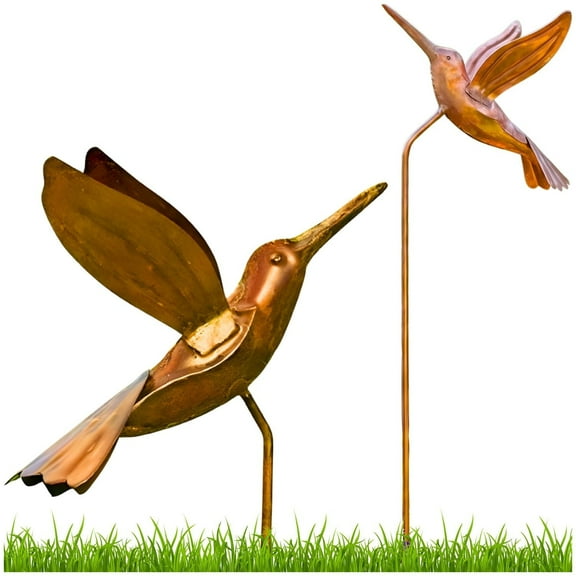 Metal Hummingbird Garden Stake (30” Tall - Flamed Finish) Happy Gardens Decorative Large Outdoor Yard Art, and Outside Decor