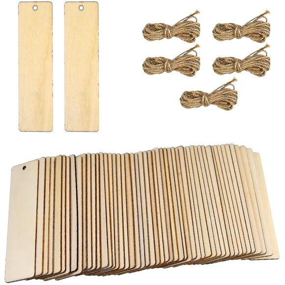 50 marcapáginas de madera en blanco, marcapáginas de madera DIY, 12 x 3,2 cm, madera colgante