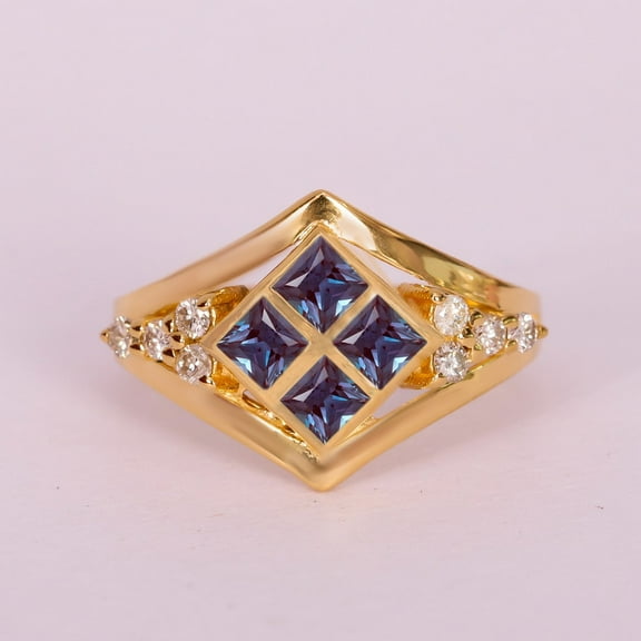 Alexandrite Princess Cut & Diamond Engagement Ring, Split Band Bridal Handmade Ring, 925 Starling Silver Vintage Ring, Gift For Anniversary Jewelry