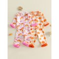thumbnail image 3 of RUINIXCW Kids Toddler Baby Girl Halloween Silk Stain Pajamas Set Girls Fall Sleepwear Pumpkin Bread Print Lapel V Neck Furry Long Sleeve Button Down Shirt and Pants Set Loungewear Homewear 1-7 Years, 3 of 9
