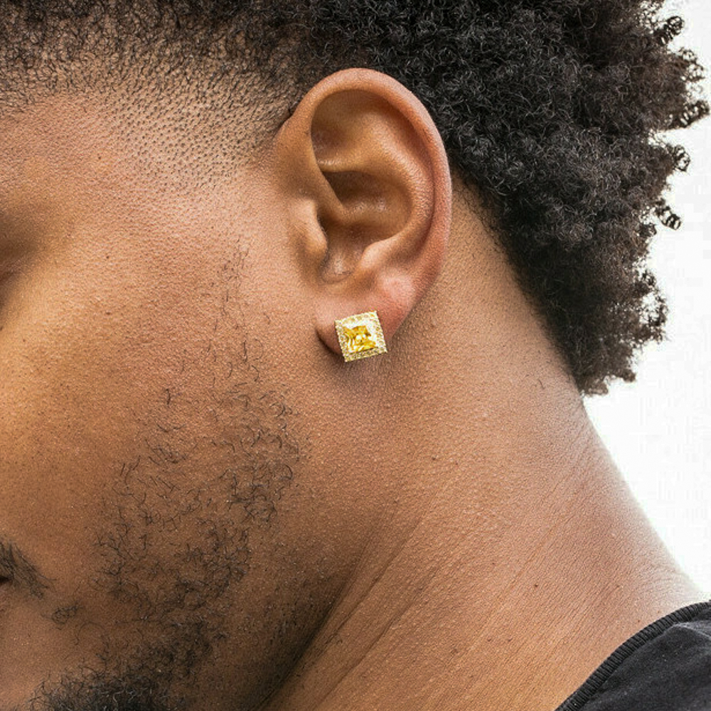 Yellow Gold 925 Sterling Silver Square Canary Yellow Cz Unisex Screw Back Earrings