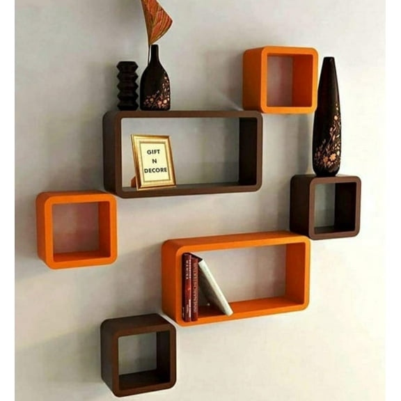 NAUTICALMARTUS BY Decoration Shelf Rack(set of 6) Beautiful Wall Shelves/Book Shelf/Floating Shelves Wall Hanging-Home Decor-Wooden Shelves (Orange & Brown)