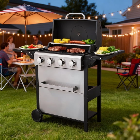 ENYOPRO 4 Burner Propane Gas BBQ Grill,34,200 BTU Outdoor Patio Backyard Grill with Thermometer,Foldable Side Table, Warming Rack, 2 Cooking Grids ,Outdoor Gas Grill for Patio, Garden & Camping