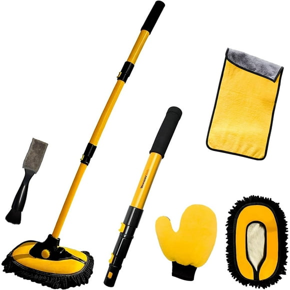 Car Wash Brush Kit,Wash Mop Tool Kit,with 15”Curved and 90”Rotating Brush Telescopic Extension Pole, Wash Mitt and Towel for Cleaning Cars SUV RV Trucks
