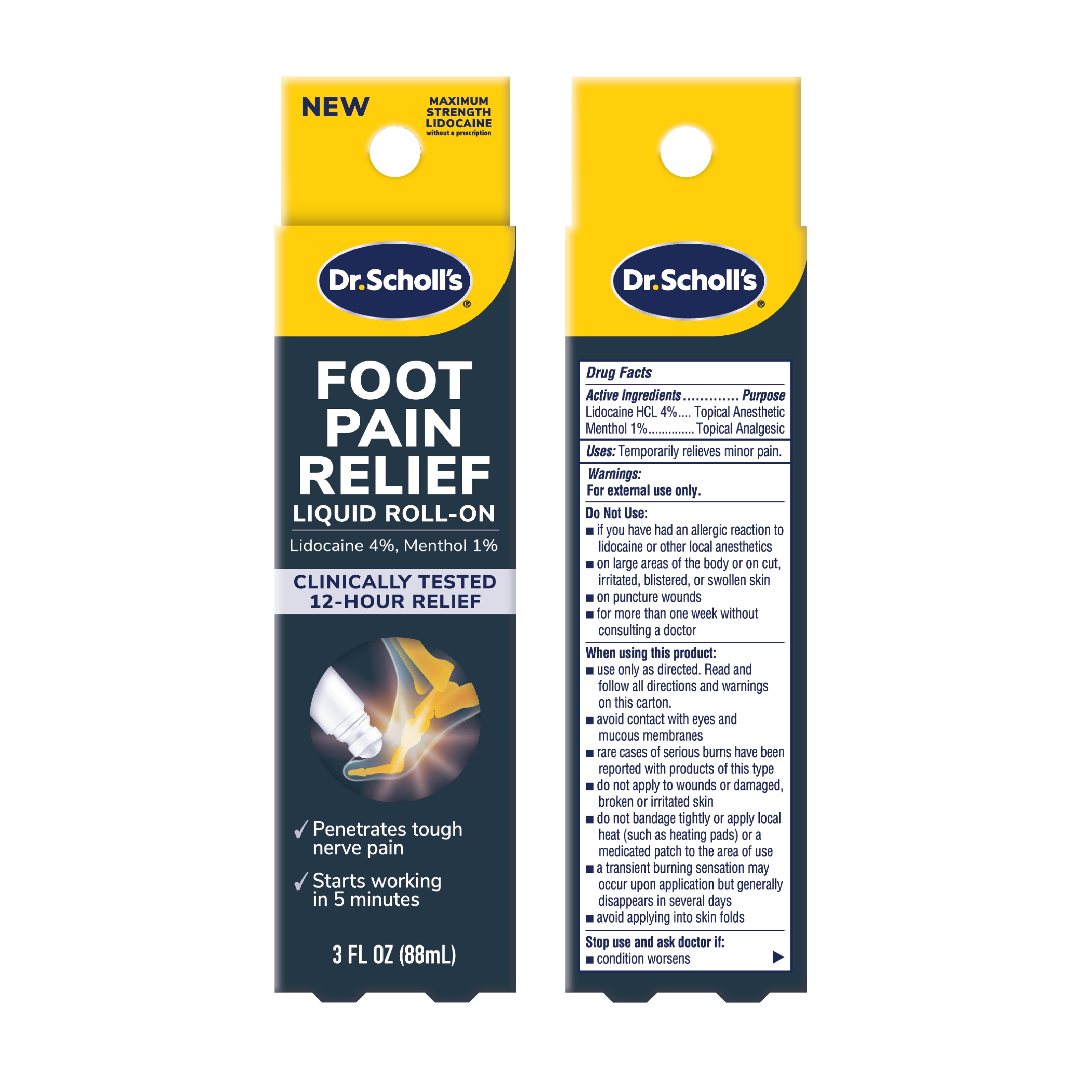(4 pack) Dr. Scholl's Liquid Roll-On for Foot Pain Relief with Lidocaine and Menthol, Recommended for Nerve Pain