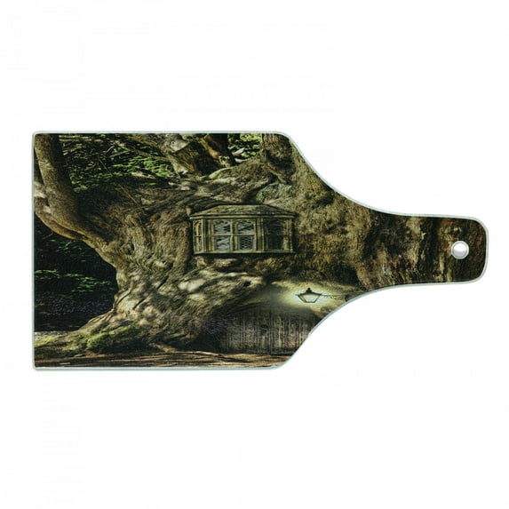 Fantasy Cutting Board, House in Tree Trunk in Forest with Lanterns Folk Stories Themed Design, Decorative Tempered Glass Cutting and Serving Board, Wine Bottle Shape, Umber Brown, by Ambesonne